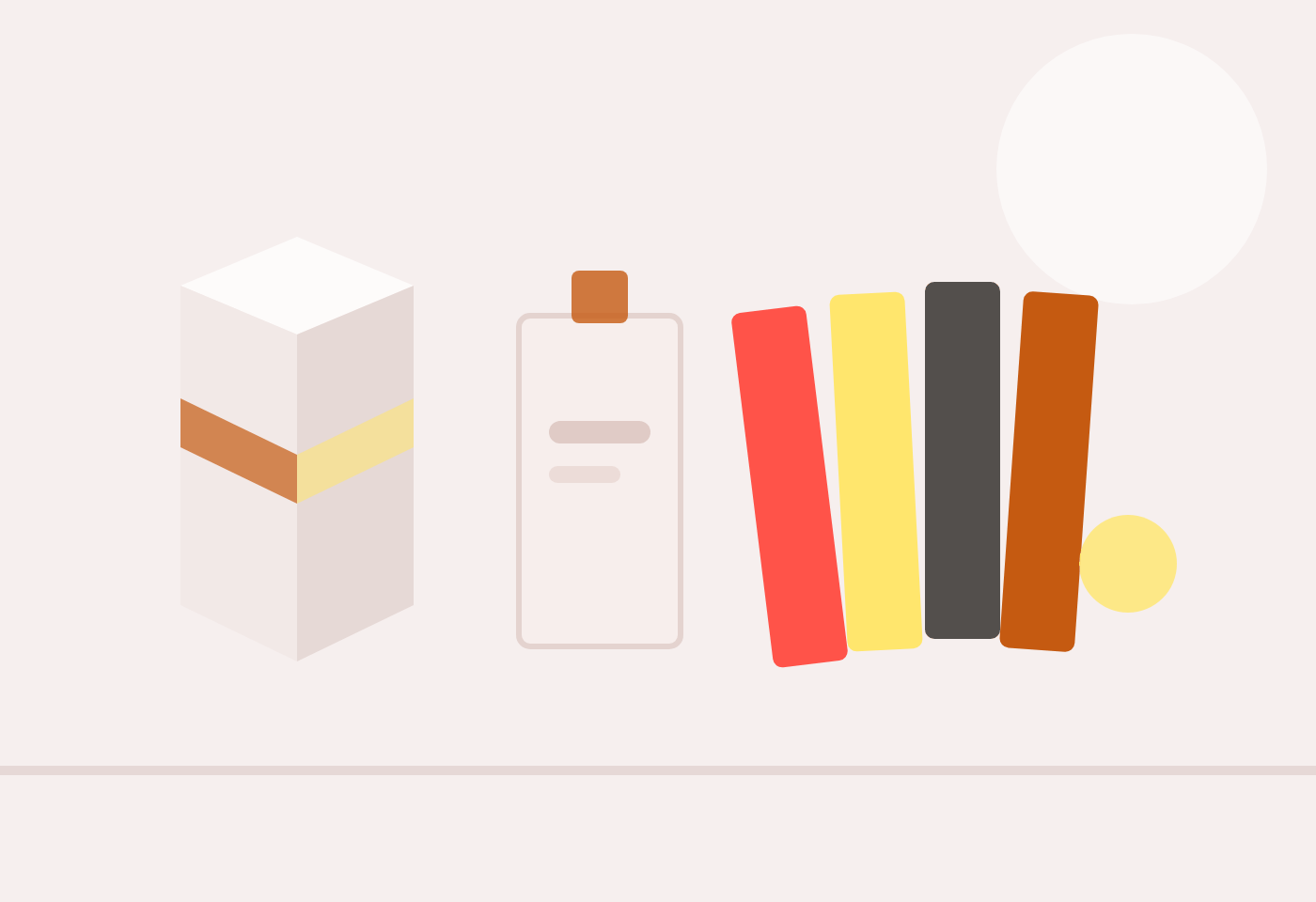 Estuche de cartón blanco, frasco de cosmética y cartulinas de colores
